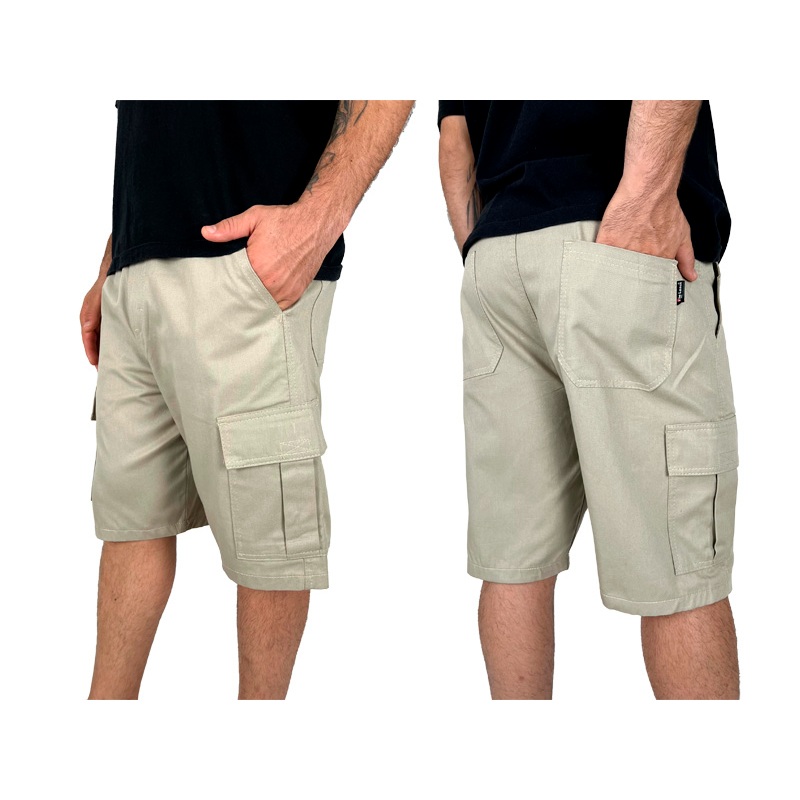 Bermuda Masculina Brim Cargo 6 Bolsos Com Elástico P M G GG XG