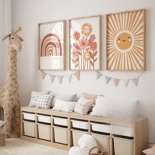 Kit 3 Quadros Decorativos Infantil | Natureza, Flores e Arco Iris | Quarto Bebê Menina - Boho Natural No2 em Oferta na Shopee