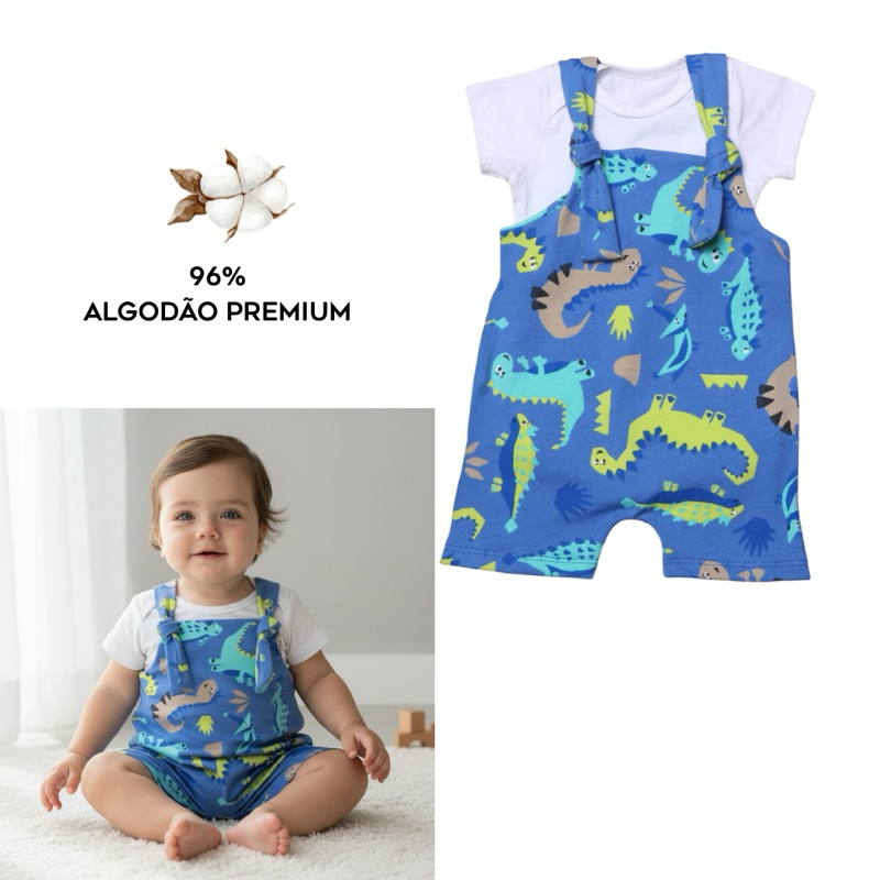macacão curto bebê menino verão jardineira com body em Oferta na Shopee