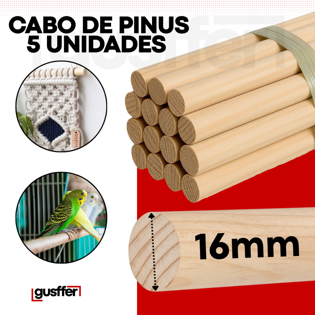 5 Cabos de Madeira Pinus 16mm Bastão Vareta Poleiro para Aves Artesanatos Bandeira Gaiola Calopsita