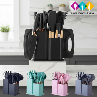 Kit Utensílios de Cozinha 19 Peças • Silicone com Cabo de Madeira • Completo e Resistente