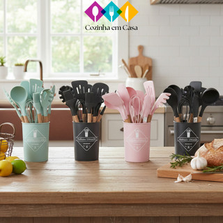 KIT de Utensílios Para Cozinha em Silicone e Bambu 12 Peças