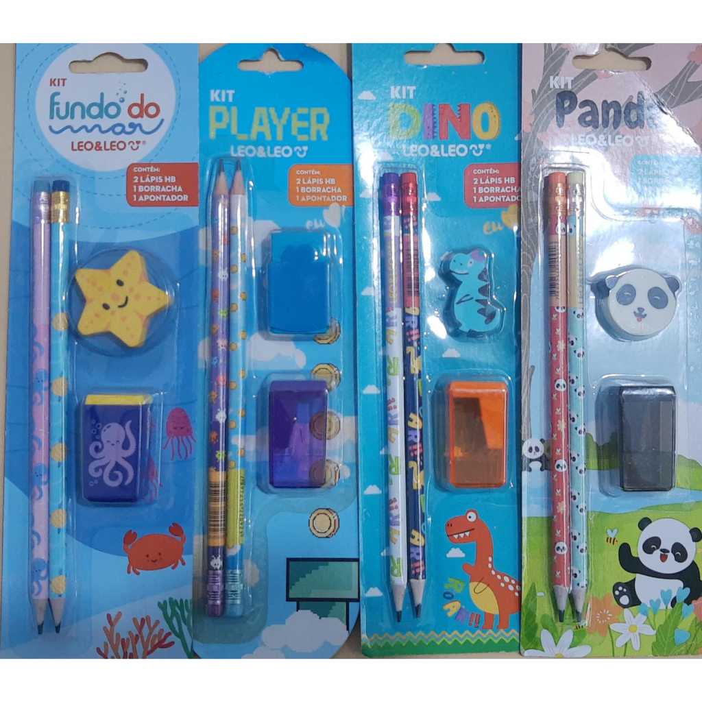 Kit Léo & Léo com 4 Itens (2 Lápis de Escrever c/Borracha - Apontador c/Depósito - Borracha)