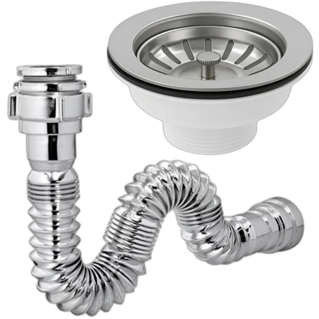 Kit Sifão Universal Sanfonado Flexível BRANCO ou CROMADO com Válvula 3 1/2  para Pia Cuba Cozinha