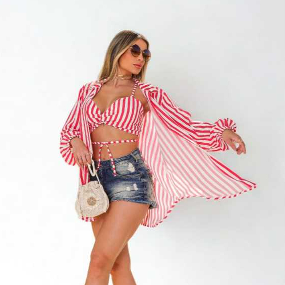 conjunto femenino camisa e croppet estiloso casual pra qualquer ocaçao,verao