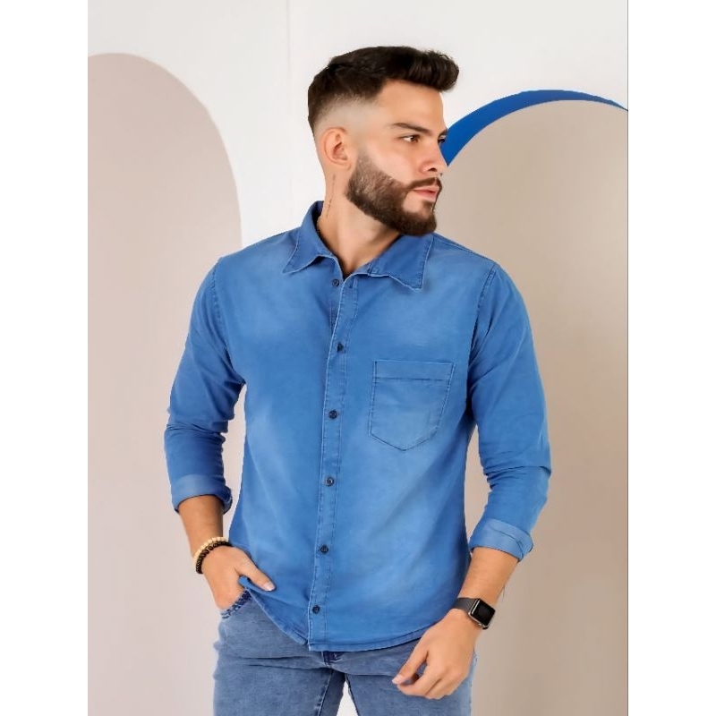 Camisas Sociais Masculina Manga Longa No Jeans e Cores, Casual Slim Fit.Boa pro Trabalho e Lazer.