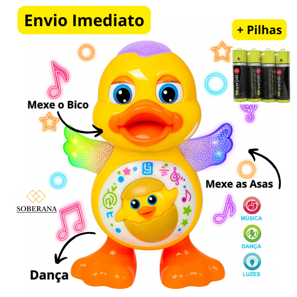 Pato Brinquedo Infantil Patinho Dançante Musical Dança, Anda, Mexe, com Luz E Som Led Menino Menina
