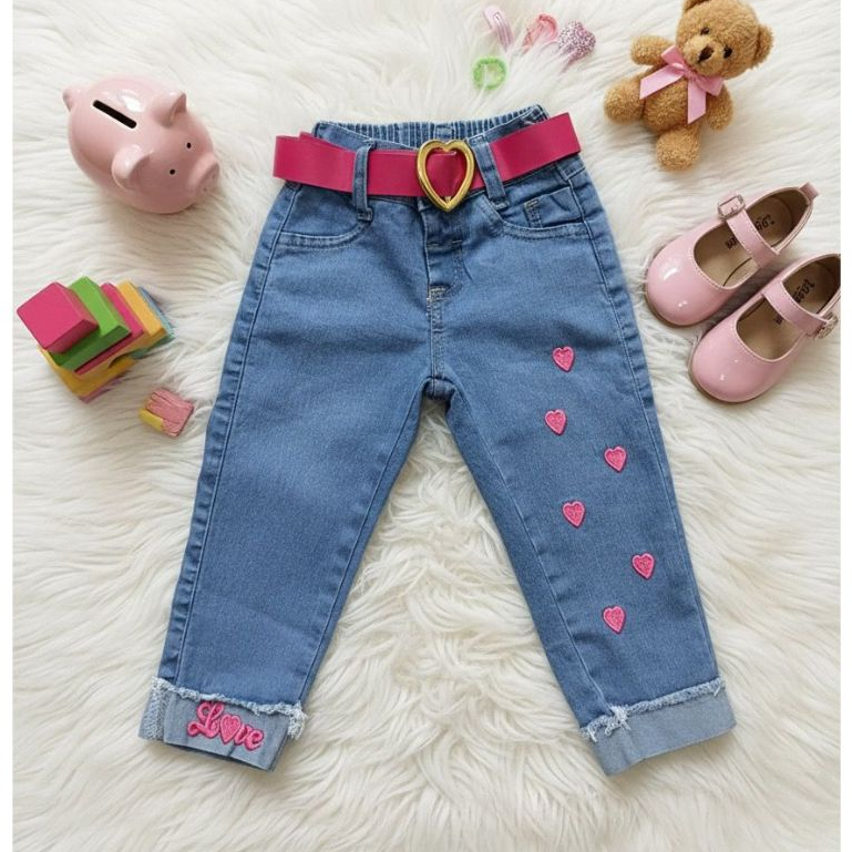 Calça Jeans Infantil Menina Bordada Cerejinha, Minnei ou  Corações Menina Infantil Blogueirinha em Oferta na Shopee