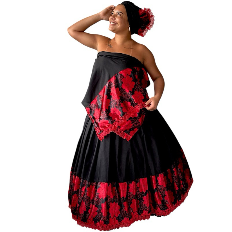 Conjunto Pombagira Preto com Rosas Vermelhas | Saia + Pano da Costa + Pano de Cabeça  Umbanda Candomblé Afro Chique