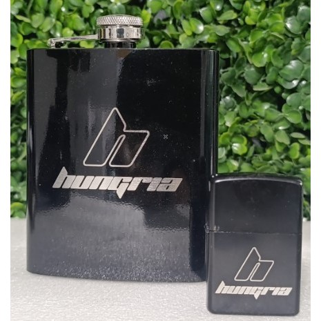 Kit Cantil Inox Preto + Isqueiro Preto | Personalizado a Laser | Presente