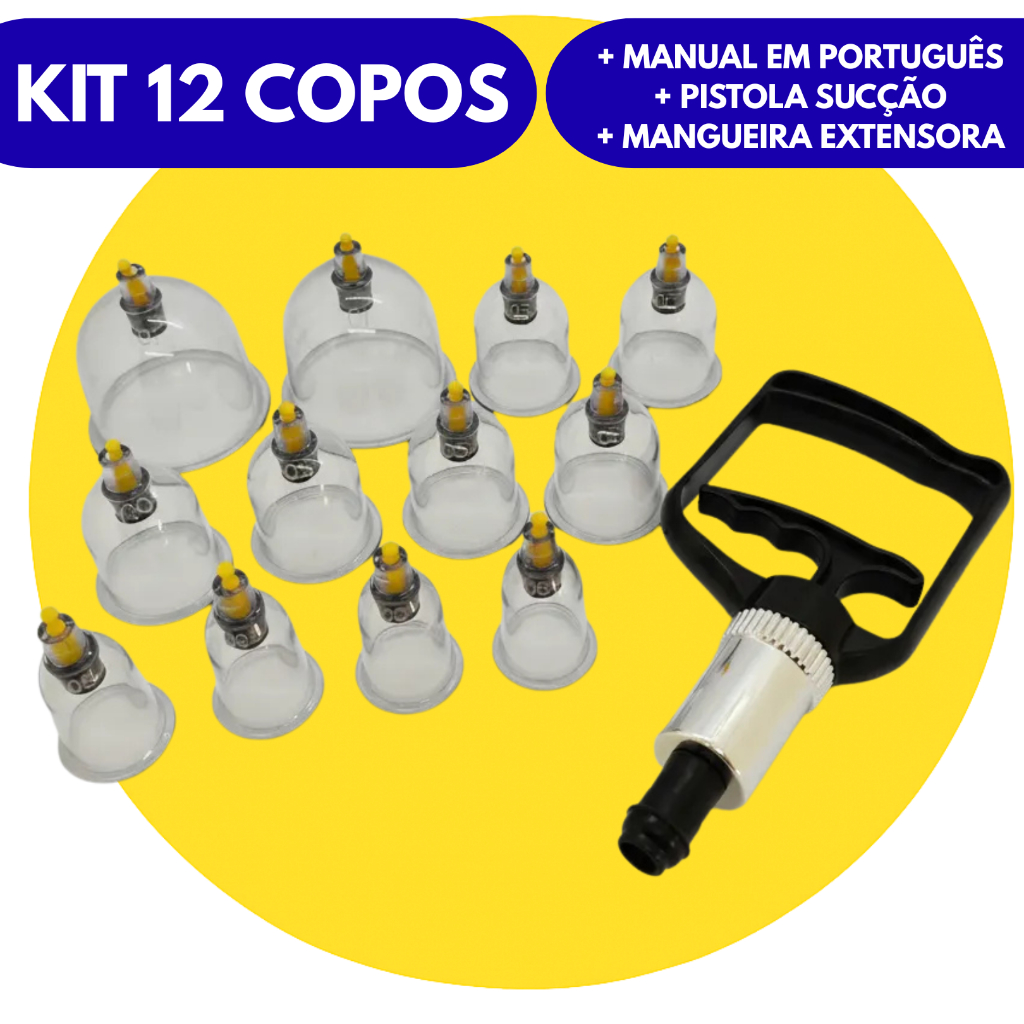 Kit 12 Copos De Ventosa Completo com Bomba Sucção e Manual em Português