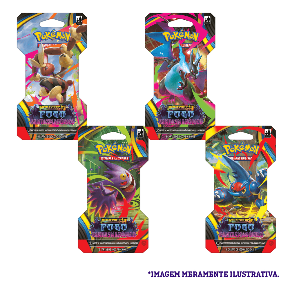 4 Boosters Pokémon TCG Mega Evolução ME02 Fogo Fantasmagórico Copag Cartas Originais Lacradas Coleção