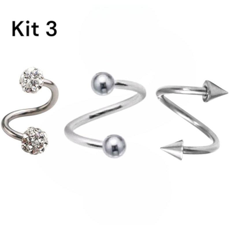 kit 3 piercings twister aço cirúrgico