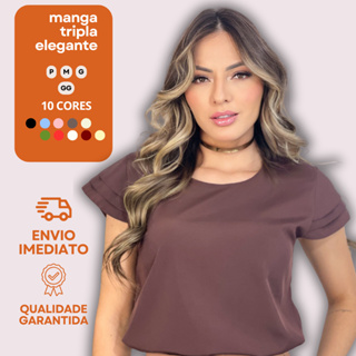 Blusinha Feminina Crepe Modesta Gola Redonda Soltinha Social Manga Curta Tripla Evangelica em Oferta na Shopee