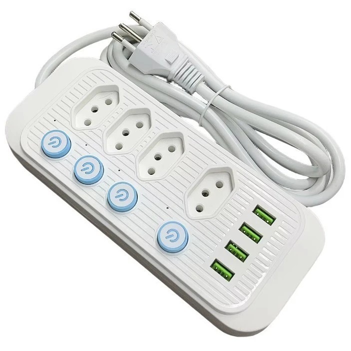 Extensão 4 USB 4 Tomadas Botões Individuais Cabo 2 Metros Cor preto e branco