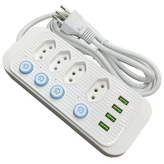 Extensão 4 USB 4 Tomadas Botões Individuais Cabo 2 Metros Cor preto e branco