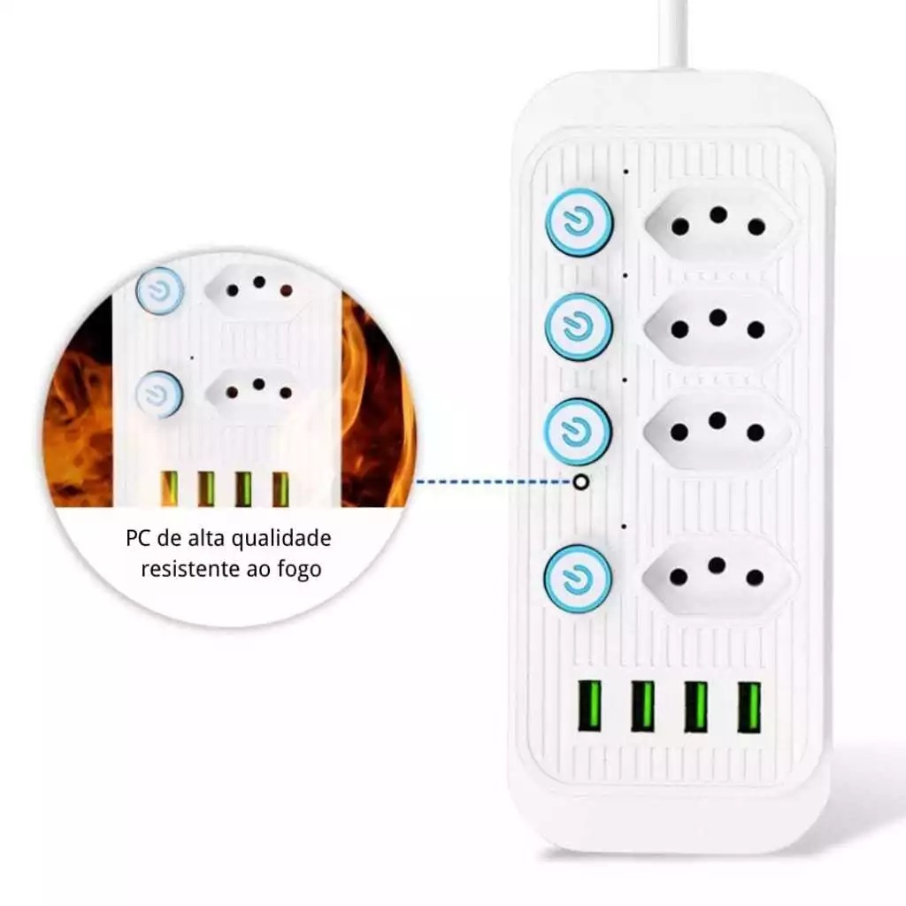 Detalhes do Extensão 4 USB 4 Tomadas Botões Individuais Cabo 2 Metros Cor preto e branco