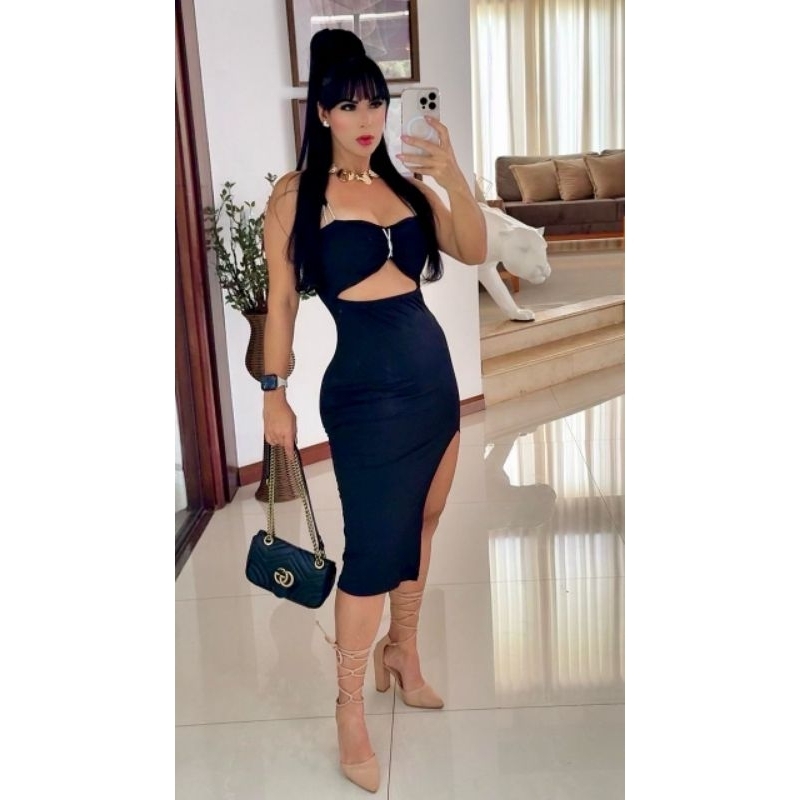 Vestido Midi feminino com recorte fenda vestido festa vestido lançamento vestido ajustado justo tubinho tendencia