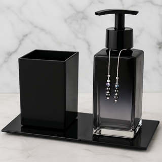 Kit Lavabo Vidro com Porta Escova e Saboneteira Square Preto Azulado com Bandeja Opcional em Oferta na Shopee