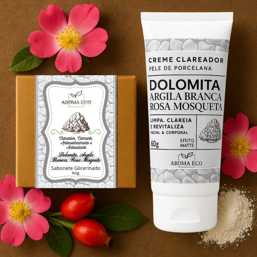 Kit Clareador de pele, creme e sabonete Dolomita, Argila Branca e Óleo de Rosa Mosqueta┃Axila, Virilha, Manchas no rosto