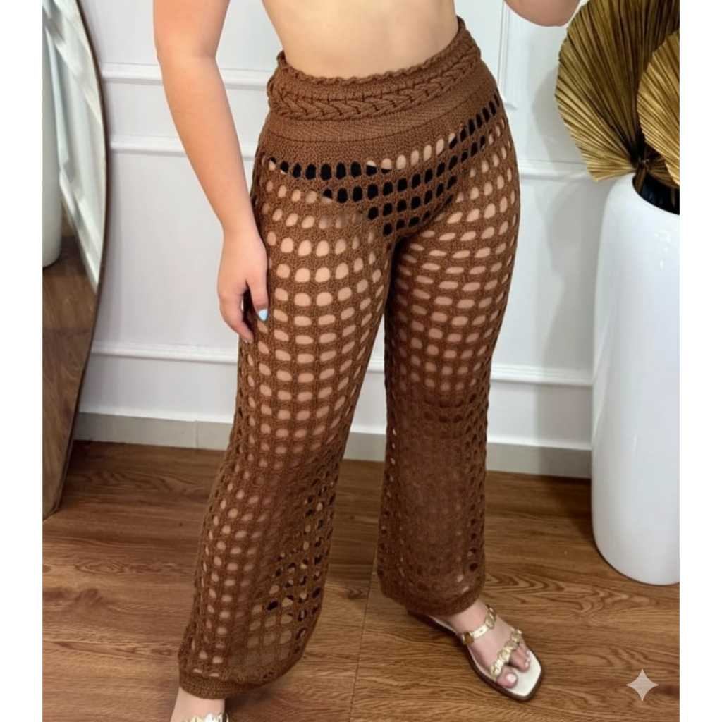 Calça feminina Saída de Praia  Rendada Furão Tricot Cintura Alta com Elástico Moda Praia Verão em Oferta na Shopee