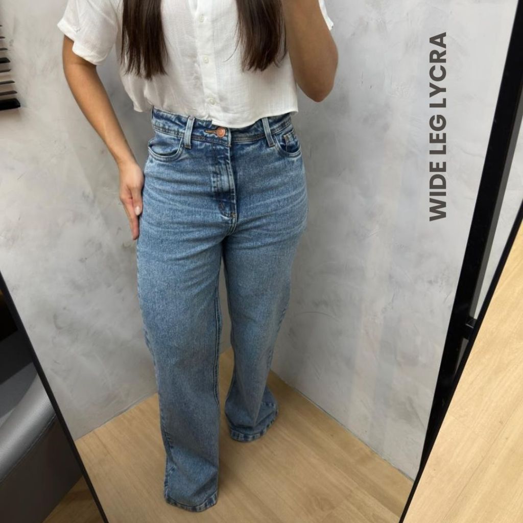 Calça Wide Leg Feminina Jeans Cintura Alta Pantalona Premium 1% Elastano em Oferta na Shopee