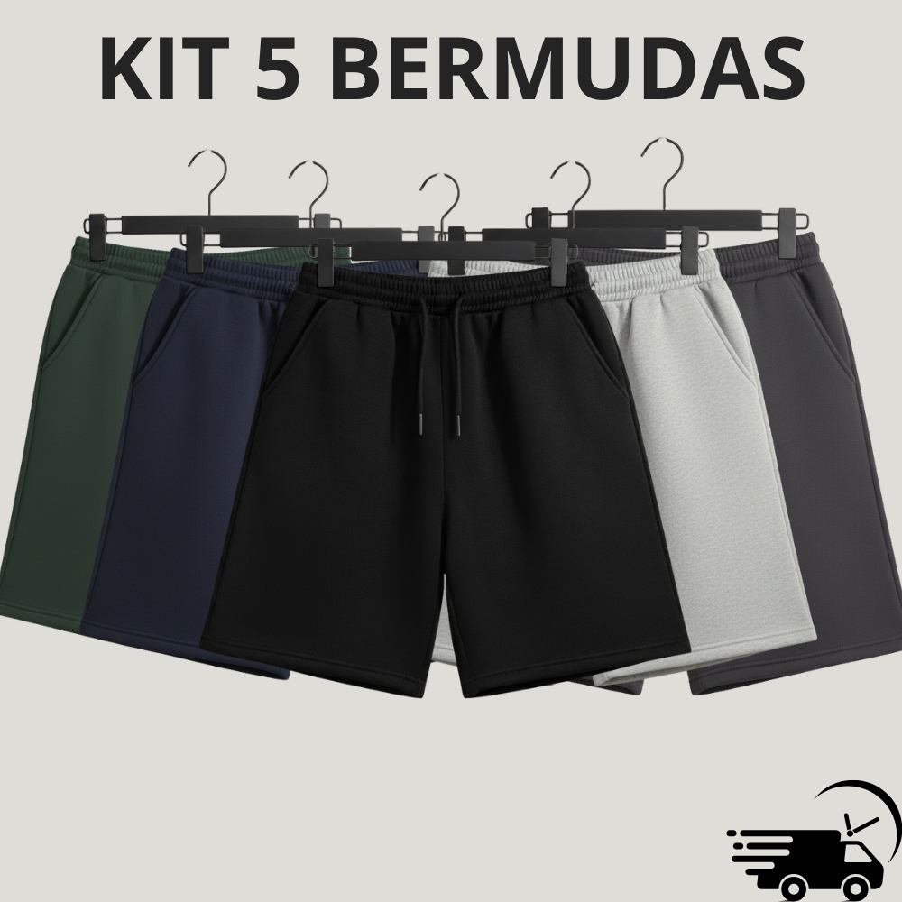 KIT 5 Bermuda de Moletom Com Elástico Academia Masculina Shorts Bolsos Fundos