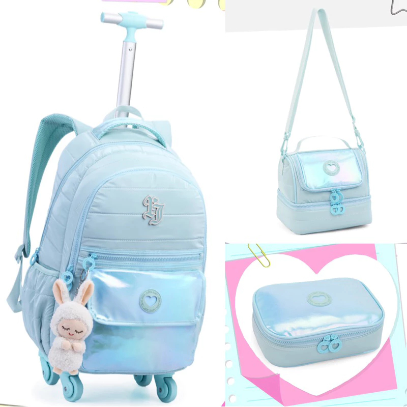 KIT MOCHILA DE CARRINHO COM LANCHEIRA E ESTOJO FEMININA LISO JUVENIL INFANTIL DENLEX