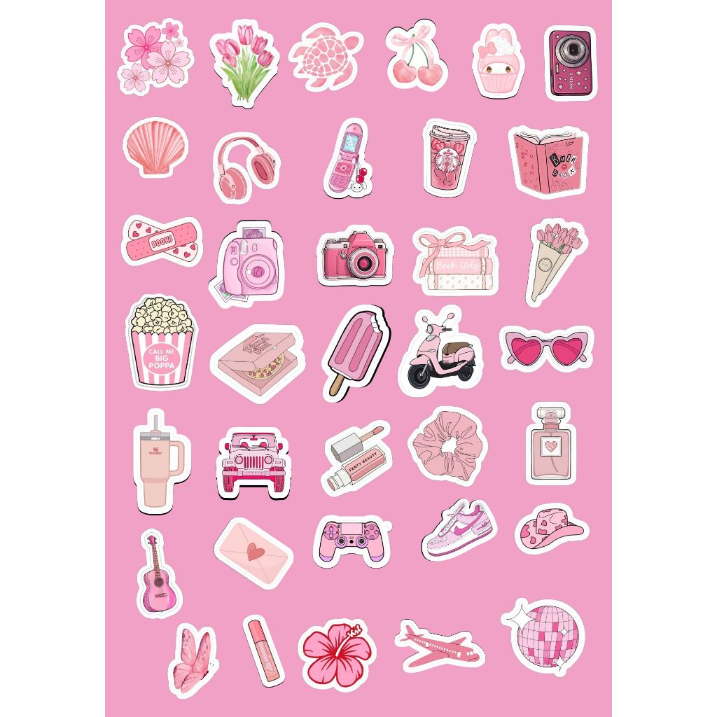 Kit 36 Adesivos Rosa Aesthetic – Impressos em Papel Adesivo para Journal e Scrapbook
