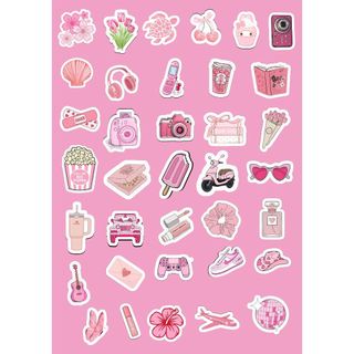 Kit 36 Adesivos Rosa Aesthetic – Impressos em Papel Adesivo para Journal e Scrapbook