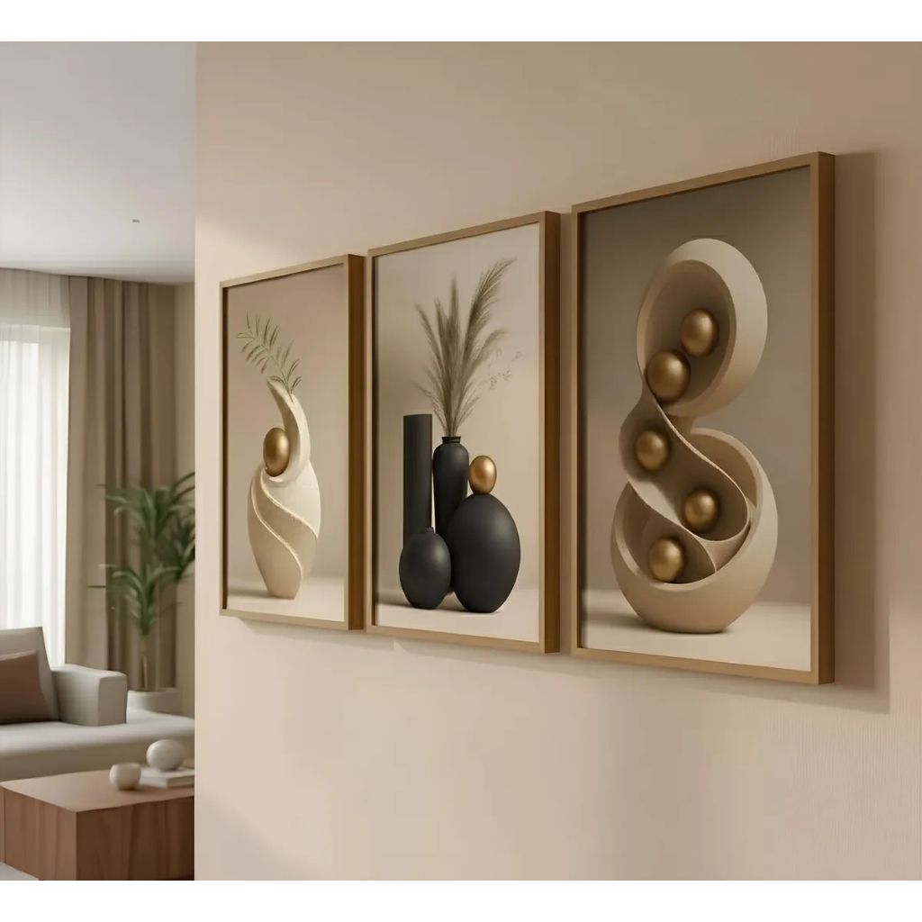 Quadro Flor Vaso Ornamentais Geometricos Luxo Formas E Flor Branco Marron Preto