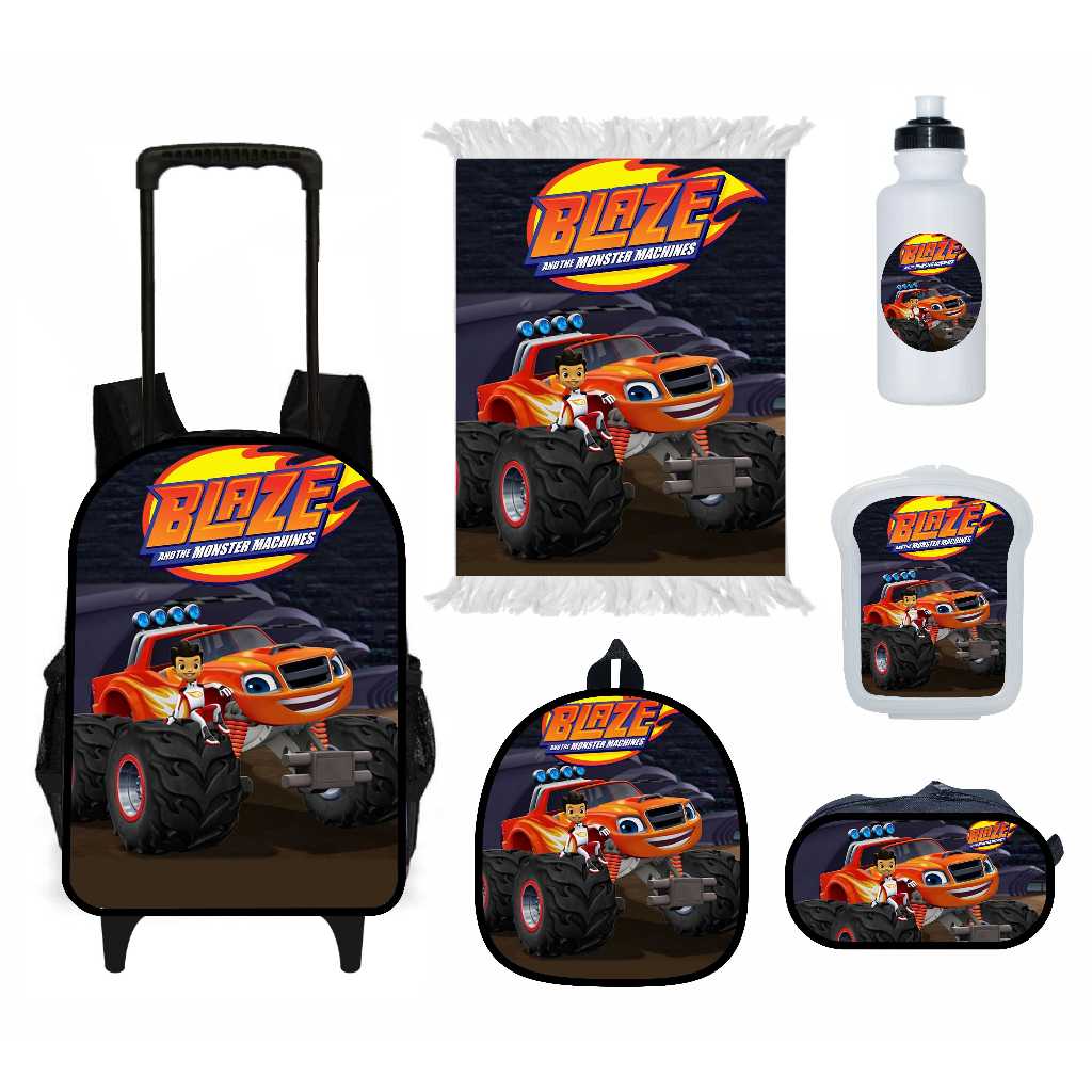 Kit escolar 6 peças Blaze Monster Machine mochila grande com carrinho lancheira térmica e estojo