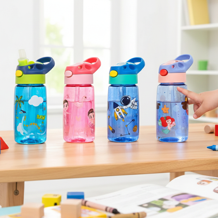 Garrafa Infantil Squeeze com Canudo Flip Pop-Up Garrafinha Diversas Estampas Garrafa Escolar