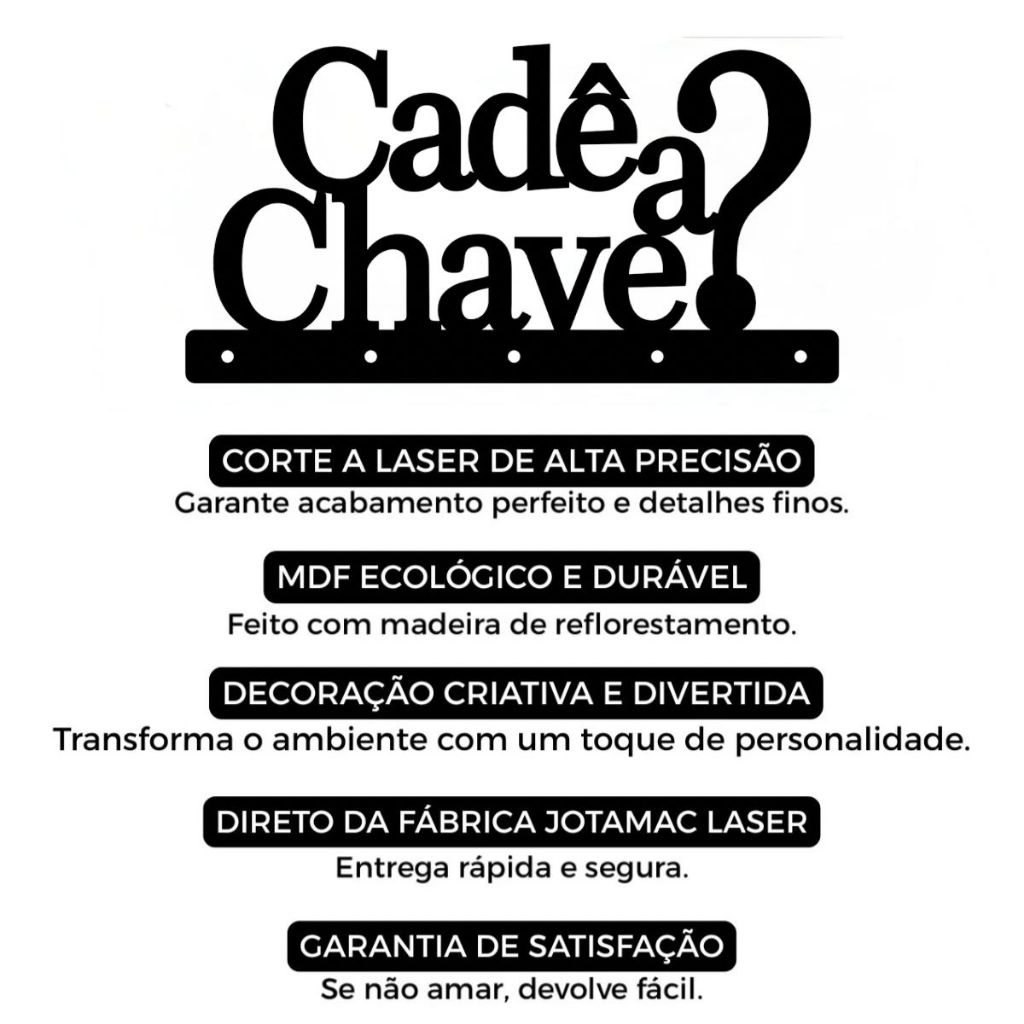 Porta Chaves Cadê a Chave MDF 25cm Decorativo Parede Casa Corredor Entrada Organização Dupla Face