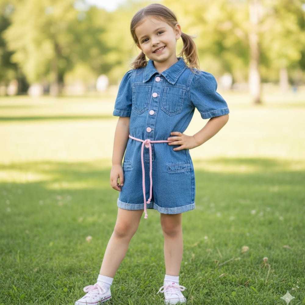 Macaquinho infantil curto jeans manga bufante menina