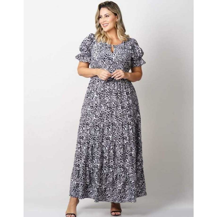 VESTIDO TOQUE DE SEDA ANIMAL PRINT PRETO E BRANCO LONGO - MODA FEMININA PLUS SIZE PLUS SIZE