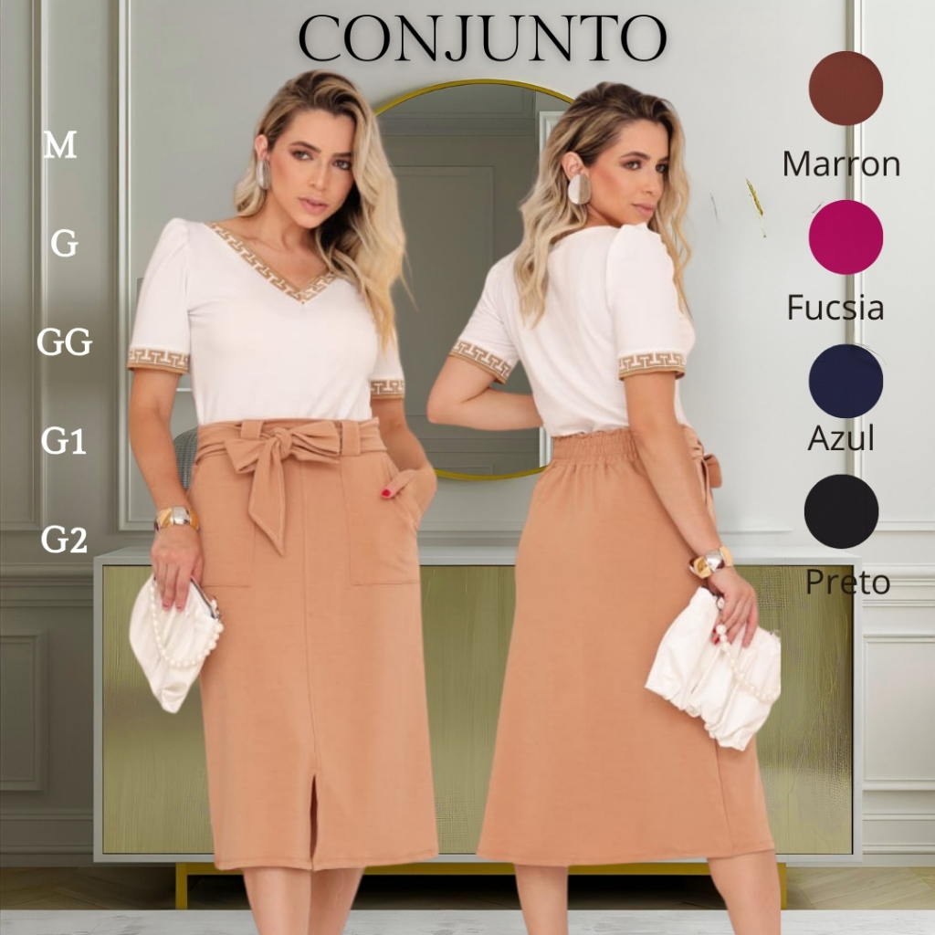 Conjunto Feminino Saia Gode Midi Lapiz e Blusa Decote v Manga Prinseça Moda Evangélica Elegante