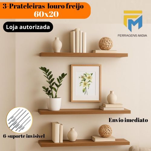 Kit 3 Prateleiras 60x20 100% MDF – Preto, Branco ou Freijó – Decoração Sala, Quarto e Banheiro