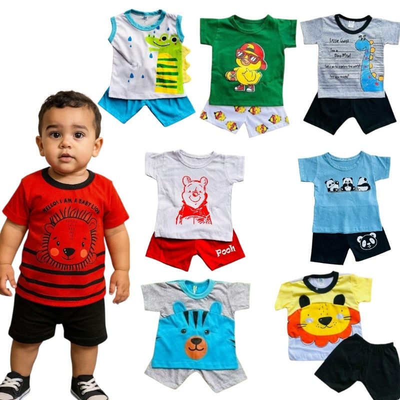 Kit 4 Peças Conjunto Bebê Menino 3 a 6 Meses 2 Camiseta 2 Short Estampado Temático Verão