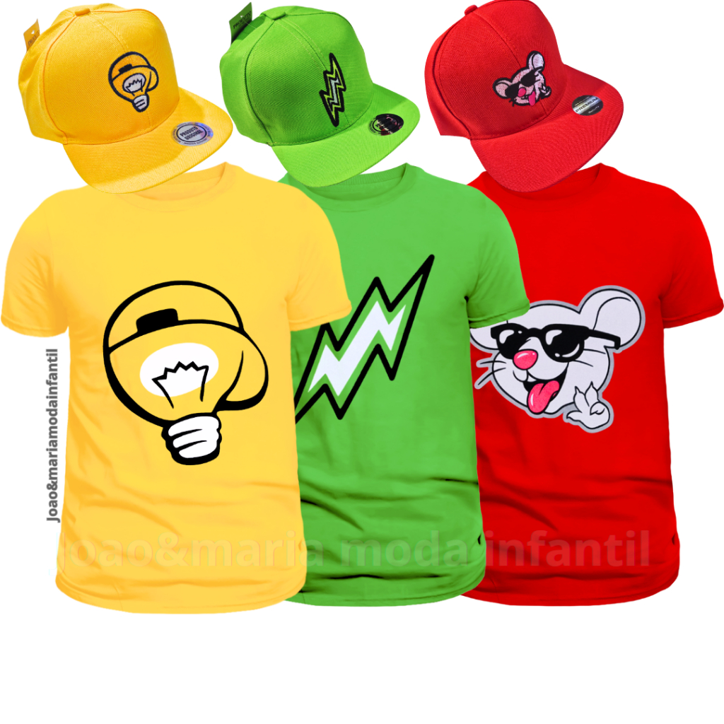 Kit 3 Camisetas infantil + 3 Bonés Os Rosa Void Leozin Robson Novo Elemento