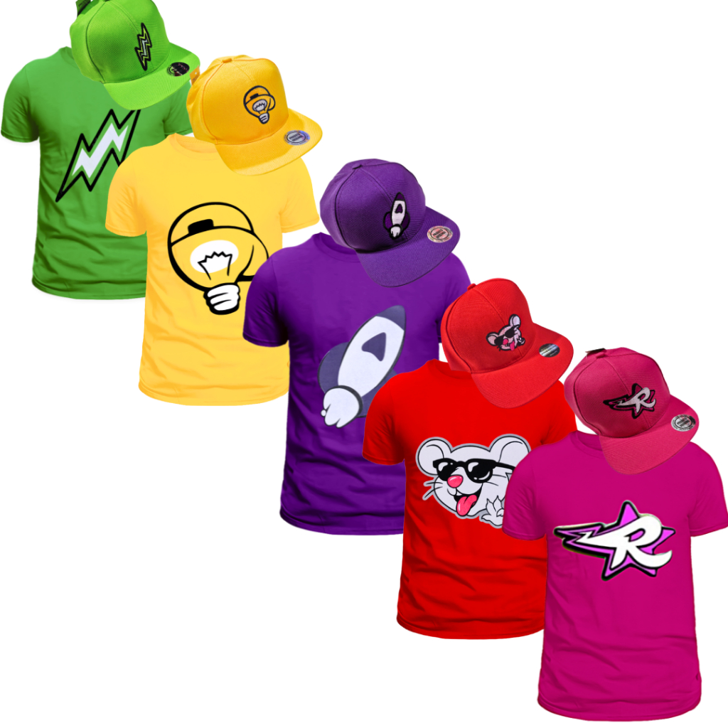 Kit 5 Camisetas + 5 Bonés Os Rosa Emilly Vick Void Leozin Katlen Robson Novo Elemento