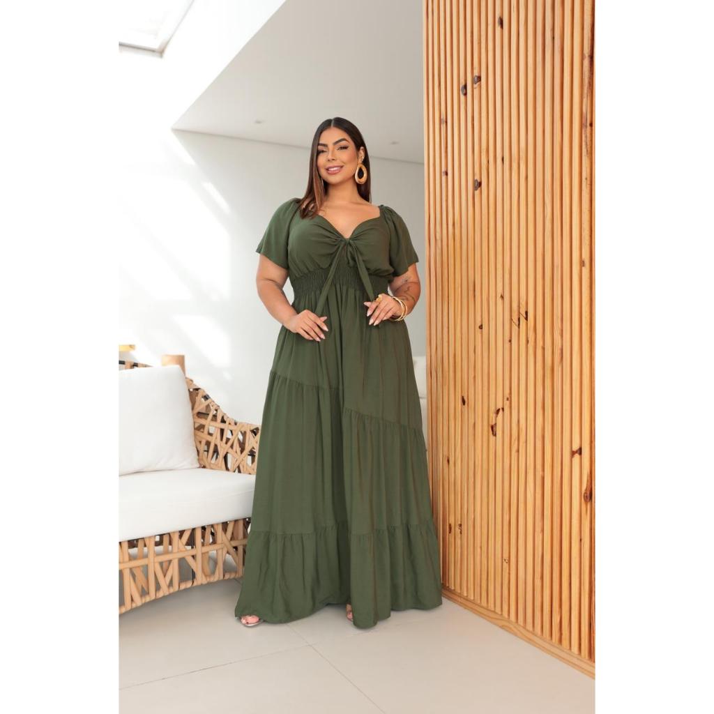 Vestido Longo Plus Size Feminino  Soltinho com Lastex na Cintura Decote Ajustável Elegante Confortável Moda Verão