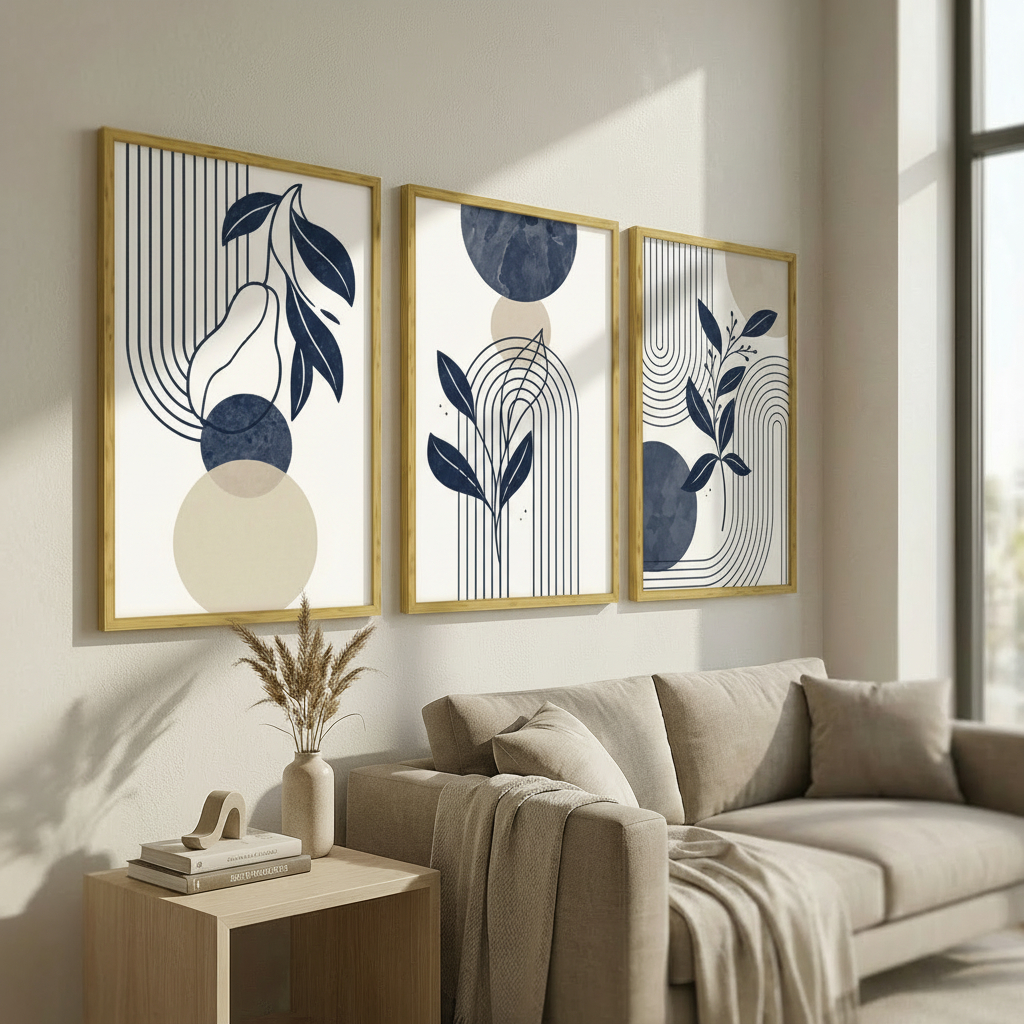 Kit 3 Quadros Decorativos Abstrato Minimalista Moderno | Folhagem Azul Marinho Sala Quarto