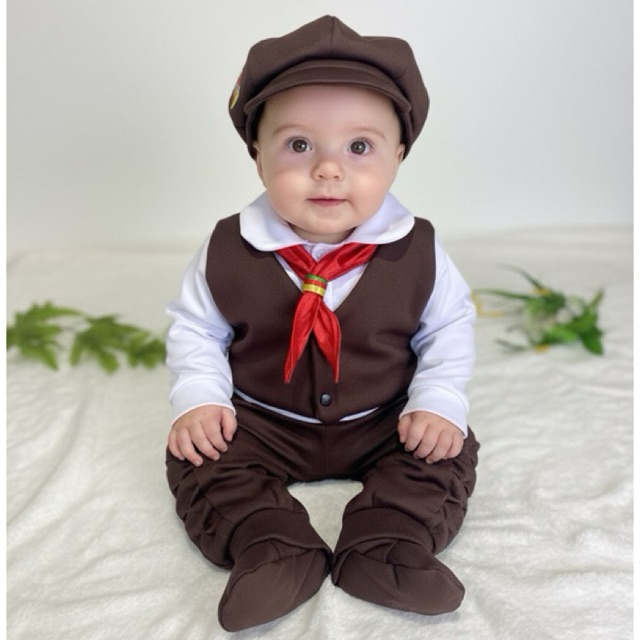 Pilcha de Gaúcho Infantil Marrom Escuro-> Bombacha, Camisa Social, Colete, Boina e Alpagarta*