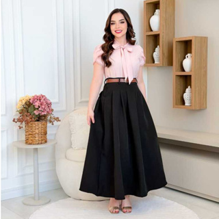 Saia Plissada Longa Alfaiataria Com Cinto Moda Evangelica em Oferta na Shopee