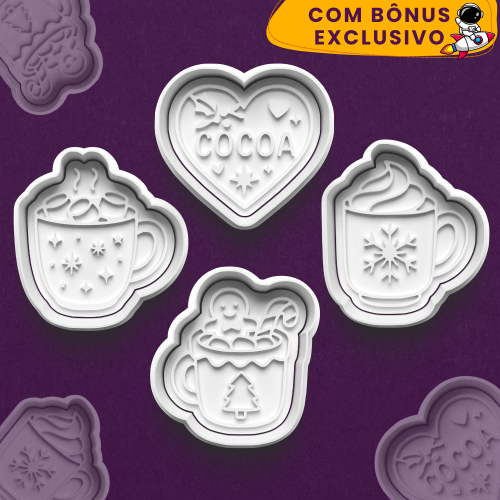 Kit Cortador de Biscoitos Chocolate Quente Marshmallow Chantilly Natal Inverno + Ebook de Receitas