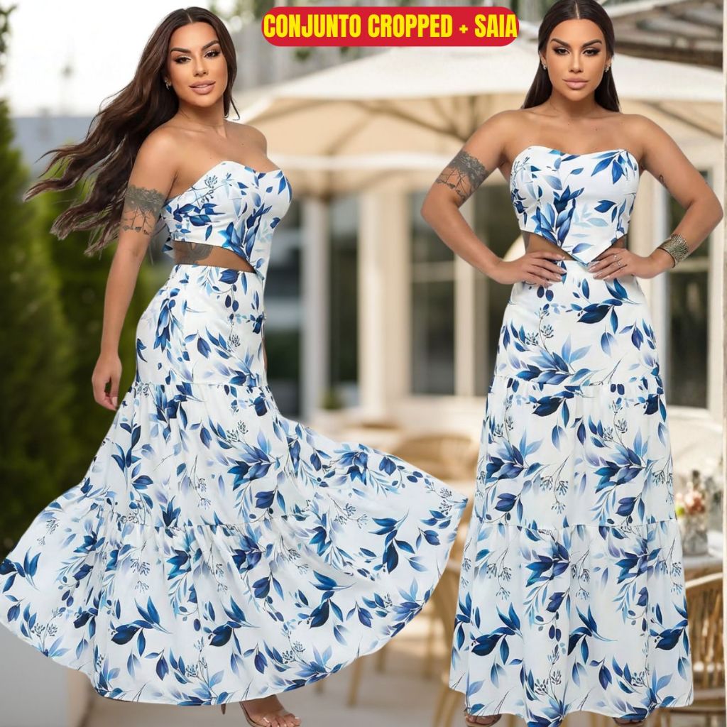 Conjunto Feminino Estampado Verão Saia Longa Soltinho Godê e Cropeed Floral Tomara que Caia LUXO