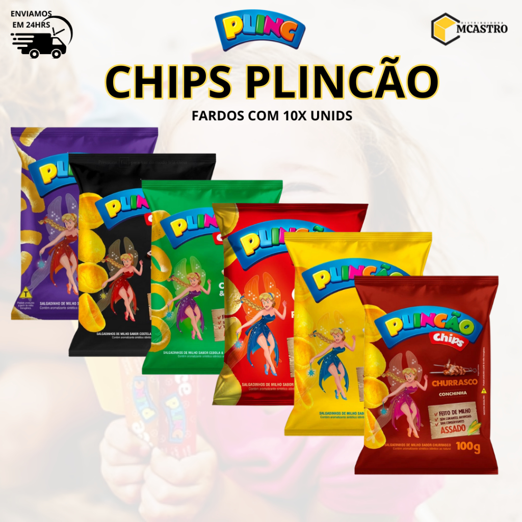Salgadinhos Chips de 100g Fardo c/10 unids Plinc - Ideal Pra Revendas e Lanche Escolar