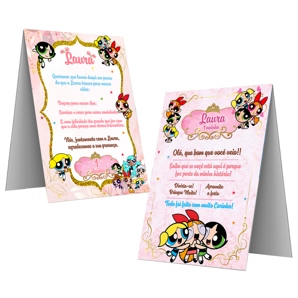 Plaquinha de Mesa Meninas Super Poderosas – Cartão de Agradecimento Festa Infantil Aniversário Personalizado