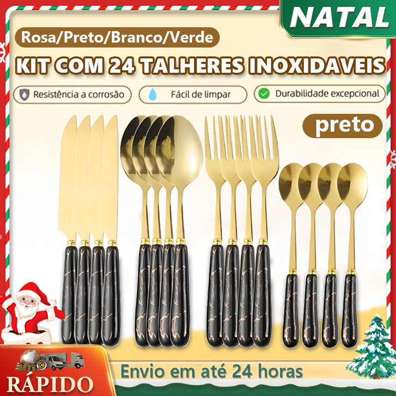 Kit 24 peças Jogo de talheres Aço Inoxidável,Mármore Cerâmico Light Luxury Style Cabo